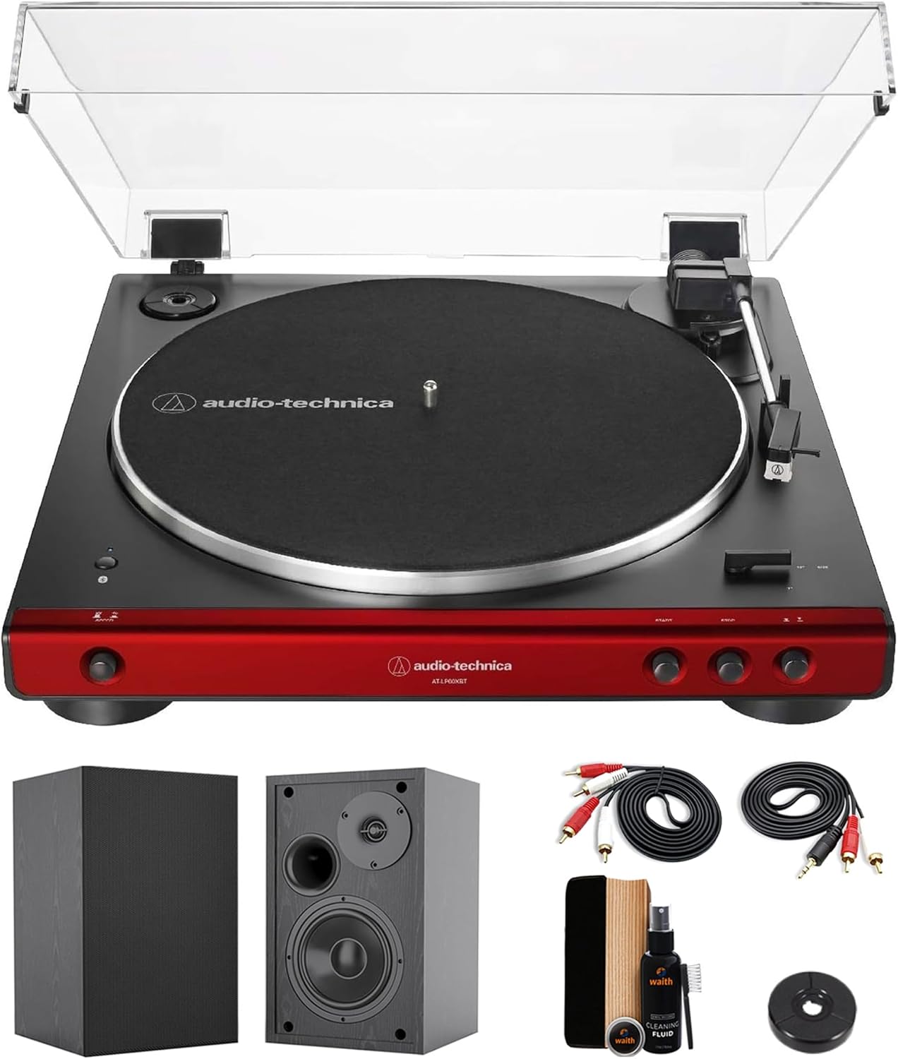 AT-LP60XBTRD Belt-Drive Stereo Turntable, Red & Black Bundle | Features 45 rpm Adapter, 4" Bookshelf Speakers (Pair) & Record Cleaning Kit. Fully automatic wireless Bluetooth connectivity