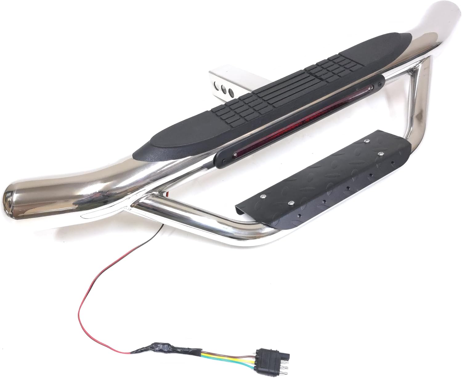 36" Long Tow Hitch Step Bar Guard with LED Brake Light Fit 2" Receiver Truck Heavy Duty Steel Anti Slip Pad 6.5" Round End Chrome Finish