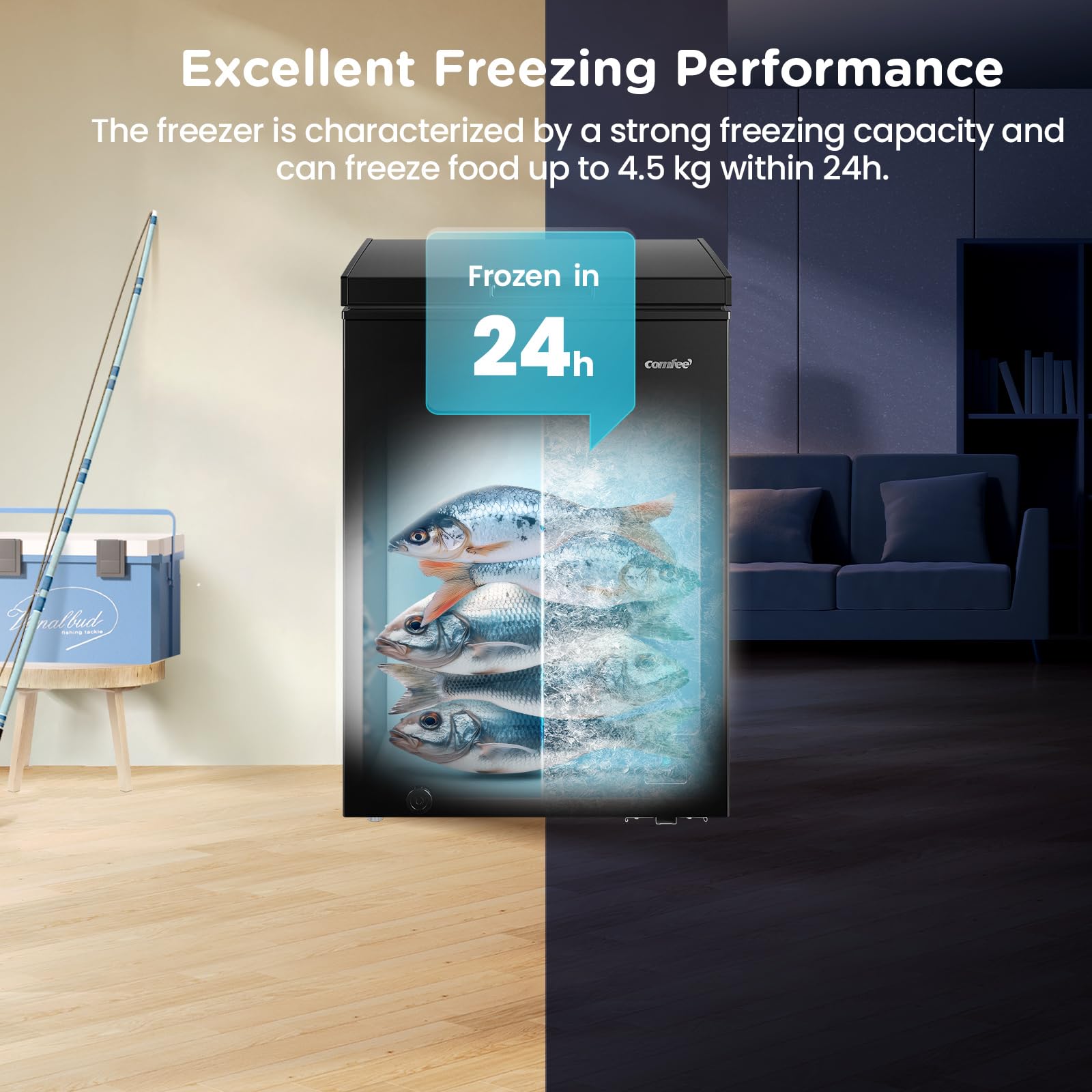 COMFEE' RCC102BL2UK(E) 99L Freestanding Chest Freezer, Refrigeration and Freezer Conversion, Inverter Compressor, 4 Star Freezer Rating, Quiet 38dB, Suitable for Outbuildings & Garages, Black — view 4