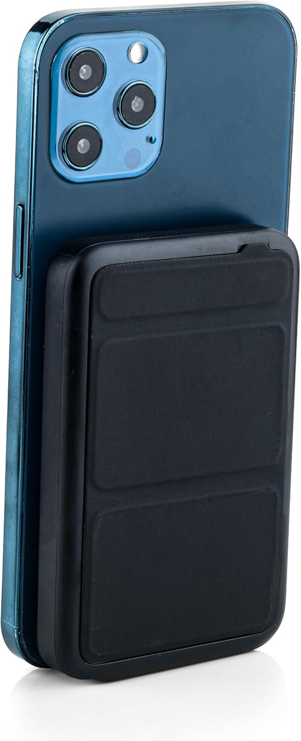 Whakamuri view of MOJOGEAR Wireless Powerbank magnetically attached to a blue iPhone