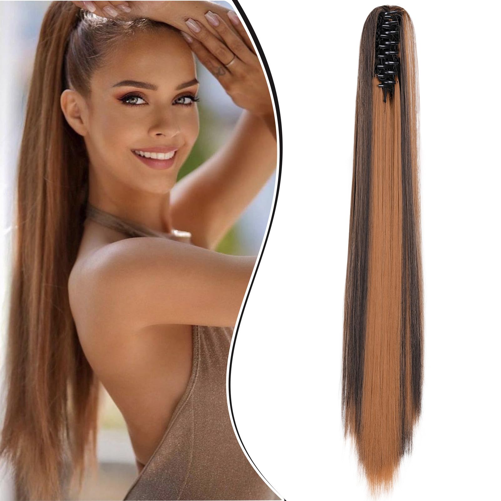Dcbaboo 22inch Claw Clip in Ponytail Hair Extensions Long Straight Ponytail Extension Synthetic Pony tails Natural Wave One Piece Hairpiece Fake Ponytail for Women Dark Brown & Auburn
