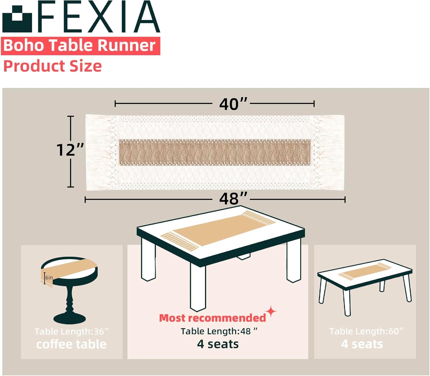 FEXIA Boho Macrame Table Runner and FEXIA Boho Placemats Set of 6 for Home Decor Farmhouse Decor