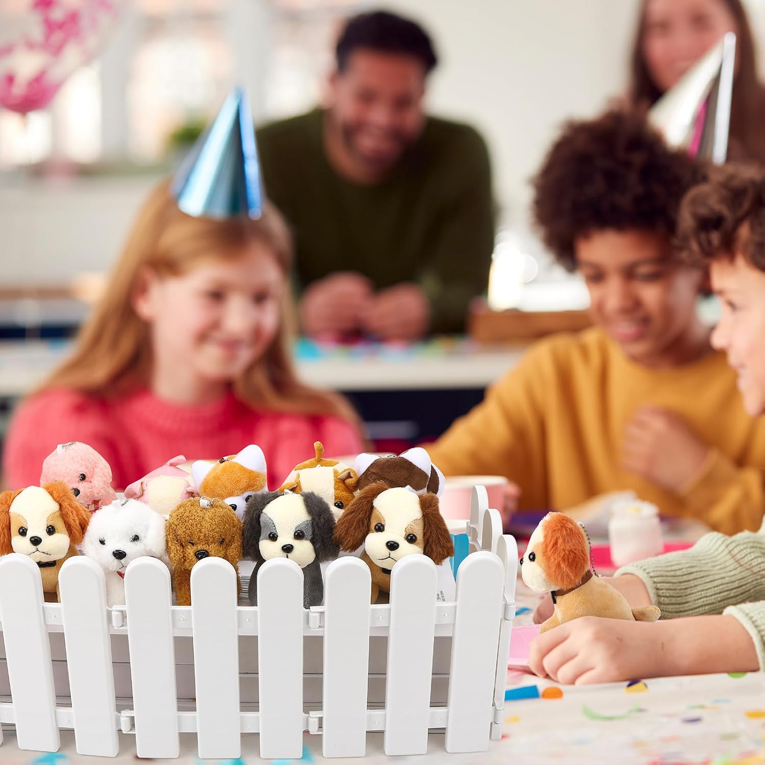 36Pcs Adopt A Puppy Party Favors Mini Stuffed Animals Plush Toy Set Includes 10Pcs Mini Plush Dogs, Birthday Hats, Kraft Paper Boxes, White Plastic Fence for Adopt A Dog Party