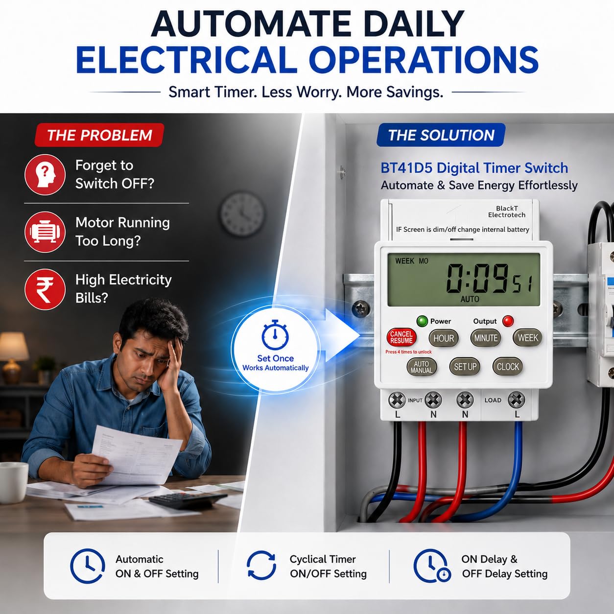 BlackT Electrotech BT41D5 Digital Timer Switch 30A, 230V | Programmable Timer with 24 ON/Off Programs, Cyclic & Manual Start/Stop Delay | for Geyser, Water Pump, Lights, & Motors — Amazon image 2