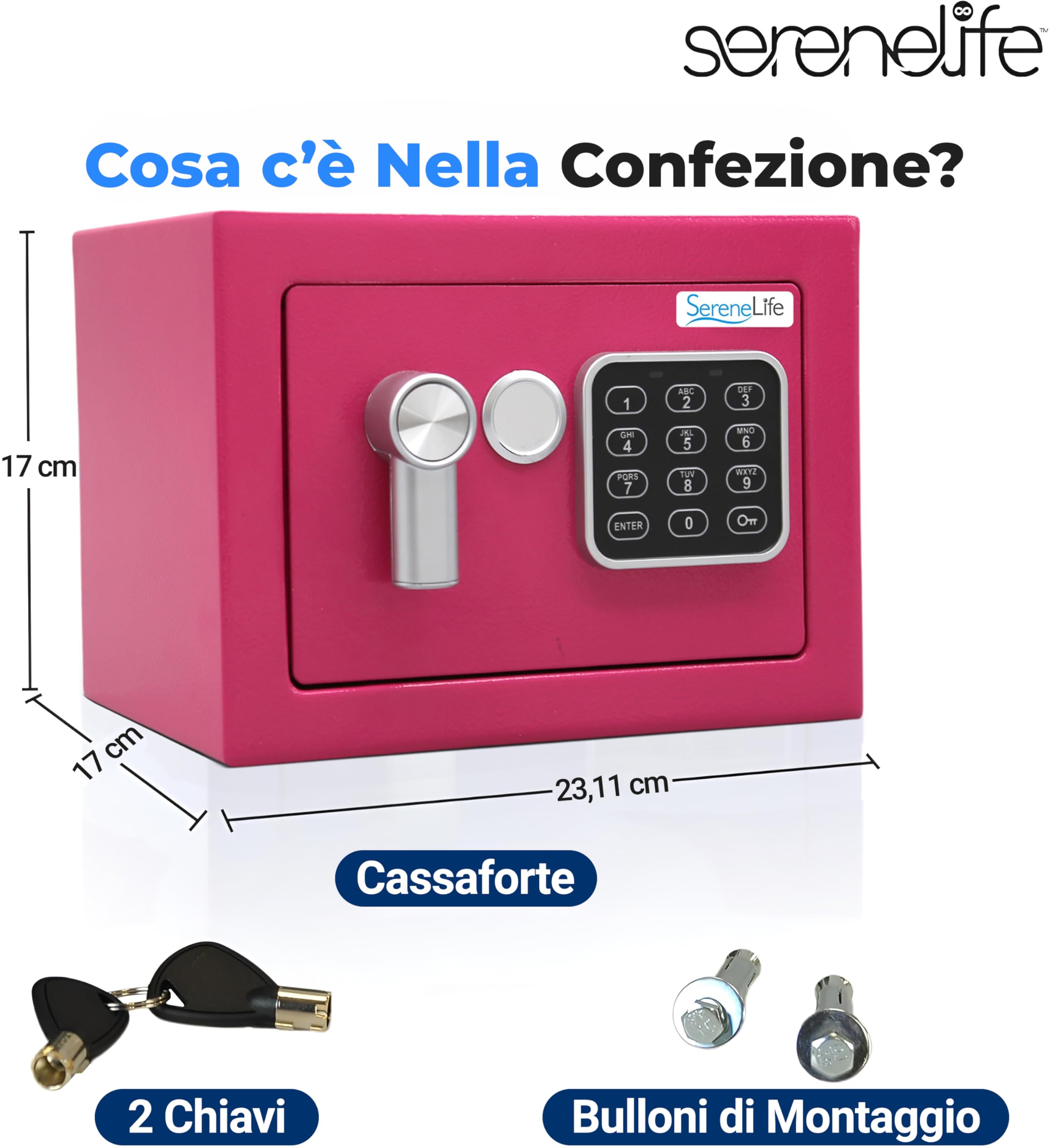 SereneLife Cassaforte, Cassaforte Piccola Elettronica, Cassetta di Sicurezza 23x17x17 cm, Codice Digitale, 2 Chiavi, per Casa, Ufficio, Denaro, Gioielli, Armi, Montabile a Muro, Pavimento, Rosa
