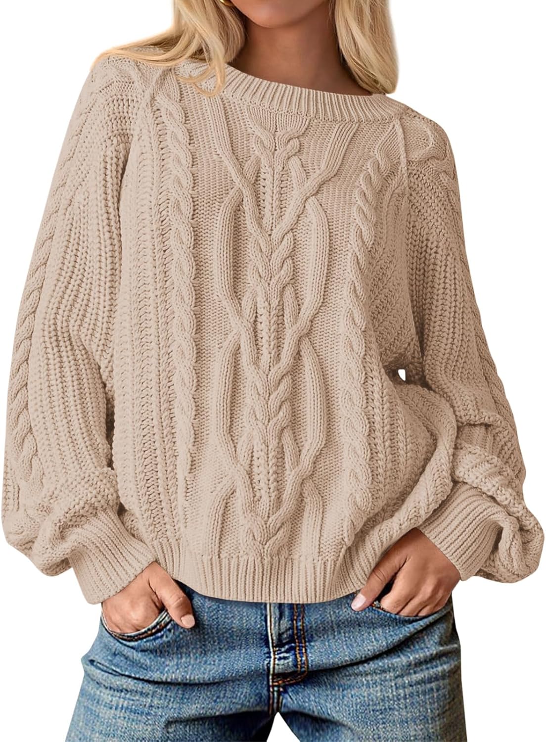 Cicy Bell Womens Oversized Cable Knit Sweaters Crew Neck Long Sleeve Fall Chunky Pullover Casual Loose Fit Sweater Tops