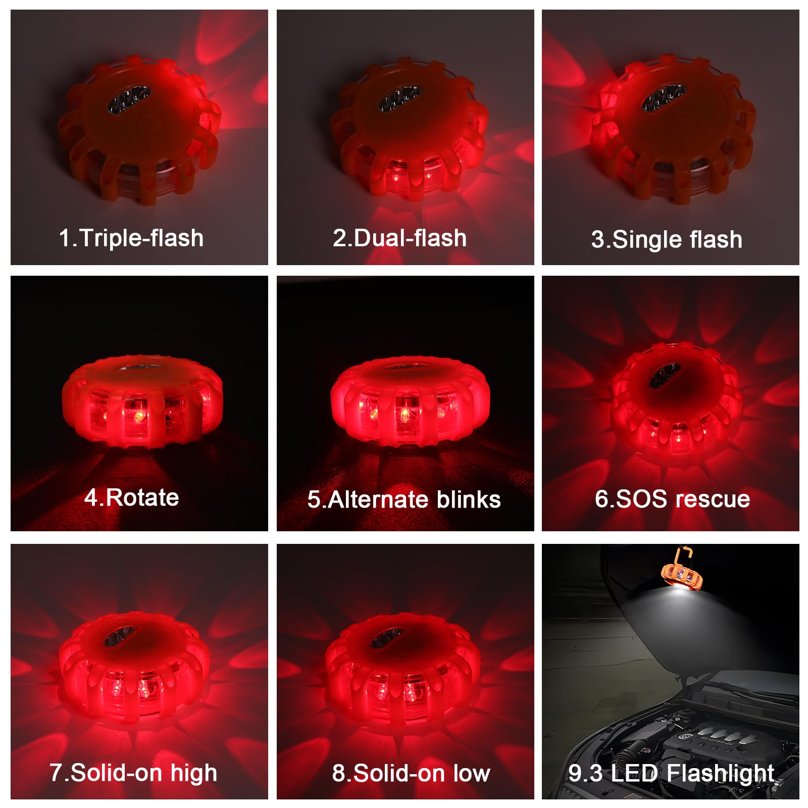 6 luces LED recargables de advertencia para carreteras, con base magnética y gancho, 9 modos de luz para la seguridad vial, para coches, camiones, barcos