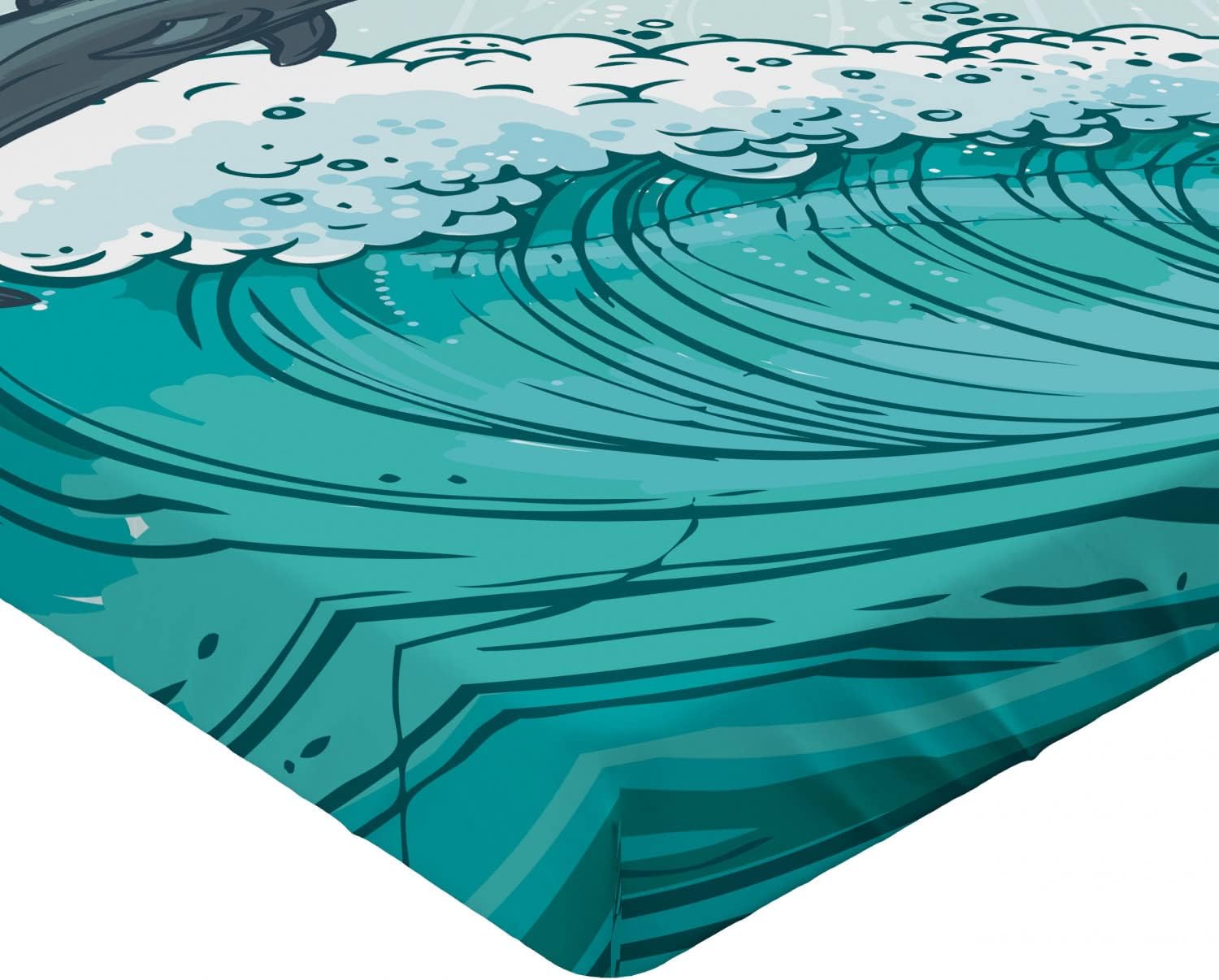 Ambesonne Sea Animals Fitted Sheet, Waves Flowing Water Sketch Sea Ocean and 2 Dolphins Summertime, Bed Cover with All-Round Elastic Pocket for Comfort, California King, Turquoise Blue