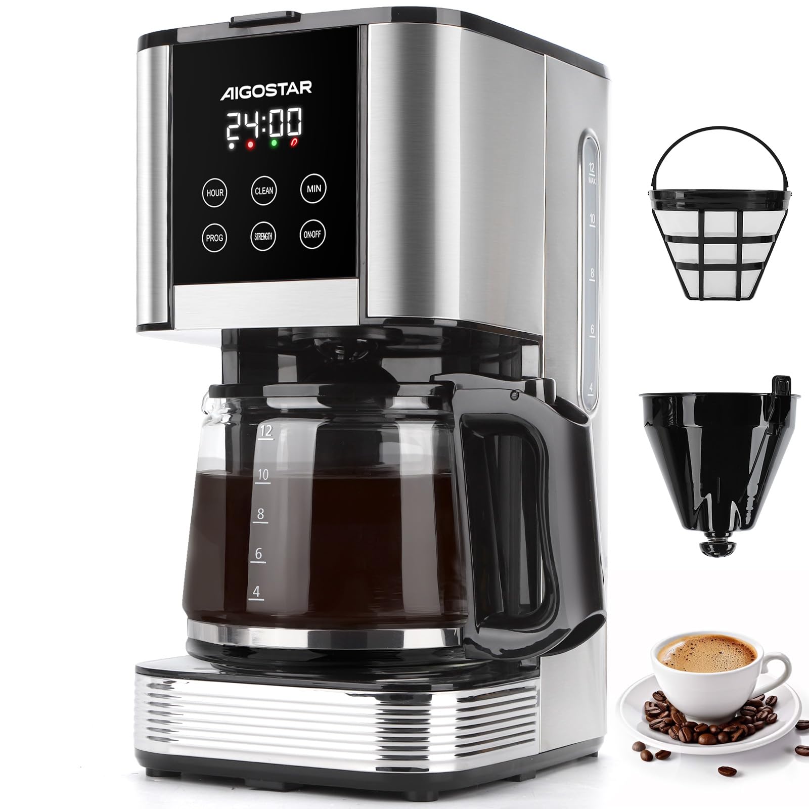 Aigostar Cora - Cafetera de goteo, Programable 24h, 1,5L, Pantalla LCD, Cafetera filtro 12 tazas, Acero inoxidable, 1000W, Ajuste de intensidad, Antigoteo, AutoLimpieza, Mantenimiento de calor, Negro