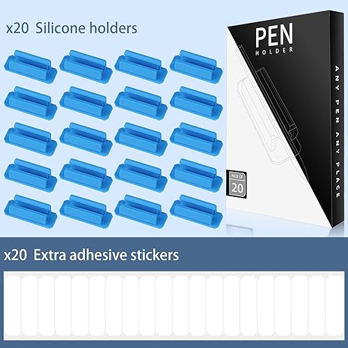 Miniatura 2 de Juego de 20 portalápices para escritorio, soporte adhesivo para bolígrafos con 20 calcomanías mejoradas adicionales, soportes de silicona para