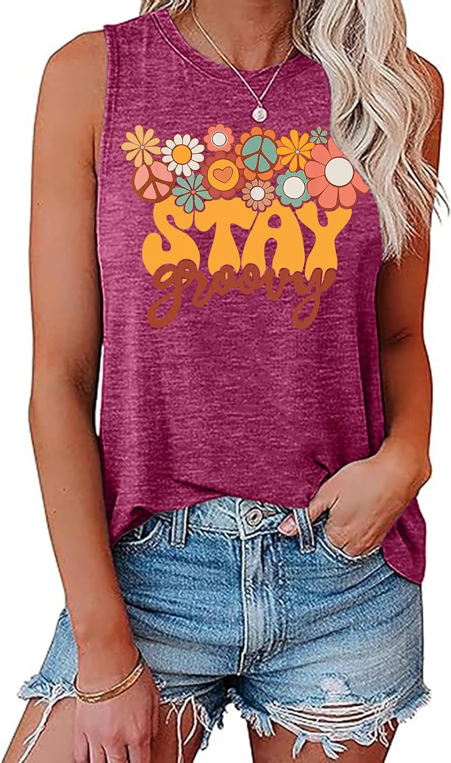 Retro Stay Groovy Tank Top Women Floral Graphic Tee Hippie Vintage 70s Disco Peace Casual Sleeveless Top