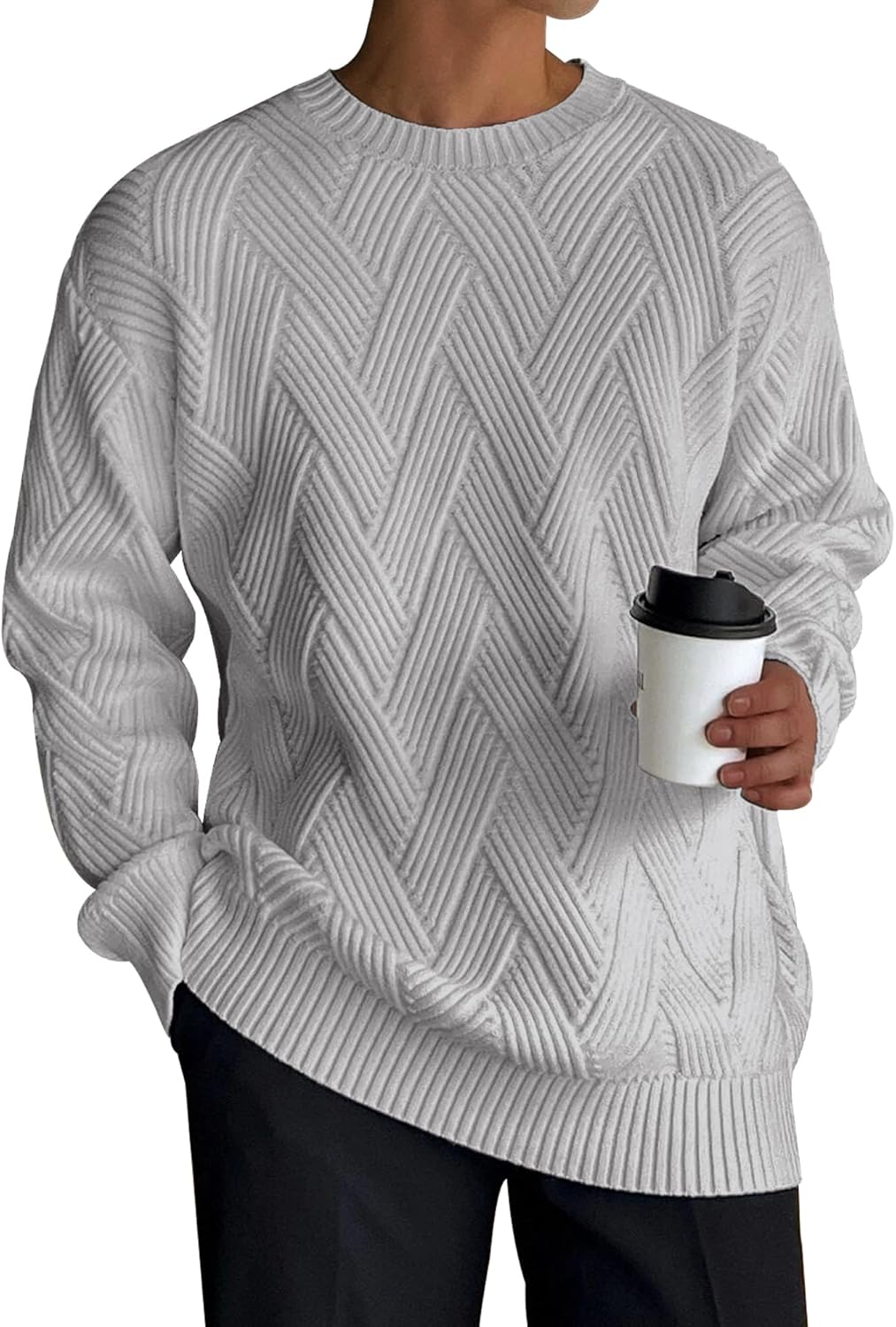 HOTake Men's Crewneck Sweaters Casual Textured Pullover Sweaters with Diagonal Jacquard Pattern - Image 2