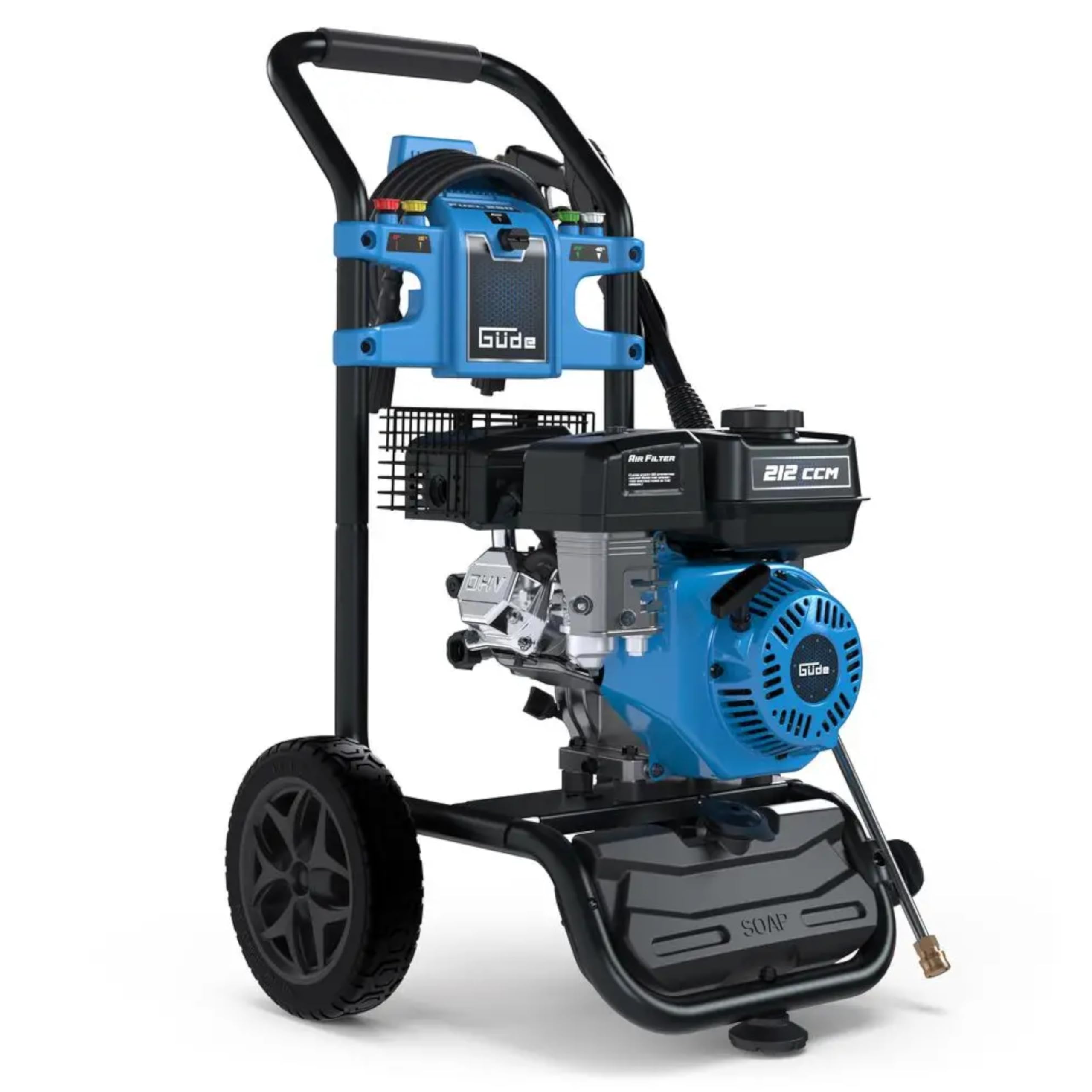 GÜDE Gasolina Hidrolimpiadora Fuel 250 – 234 Bar presión de Trabajo, 590 l/h, Motor de 4 Tiempos, Manguera de 9 m, depósito de detergente, 5 boquillas