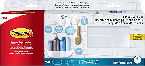Command - Accesorios de baño, juego de organizador de 5 piezas - 1 organizador de ducha, 1 jabonera, 1 soporte para cepillo de dientes, 2 ganchos