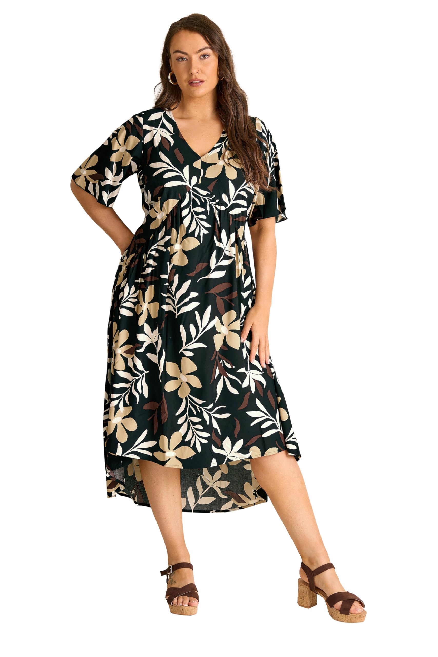 Evans Women's Black Curve Leaf Print Dipped Hem Dress - Plus Size Curve