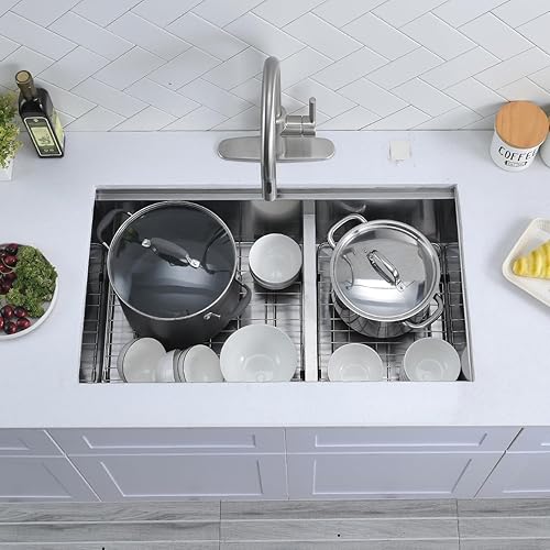 Miniatura 9 de Scamall Estación de trabajo para fregadero de cocina de montaje inferior de 32 x 19 x 10, cuenco doble profundo de acero inoxidable 304 plateado