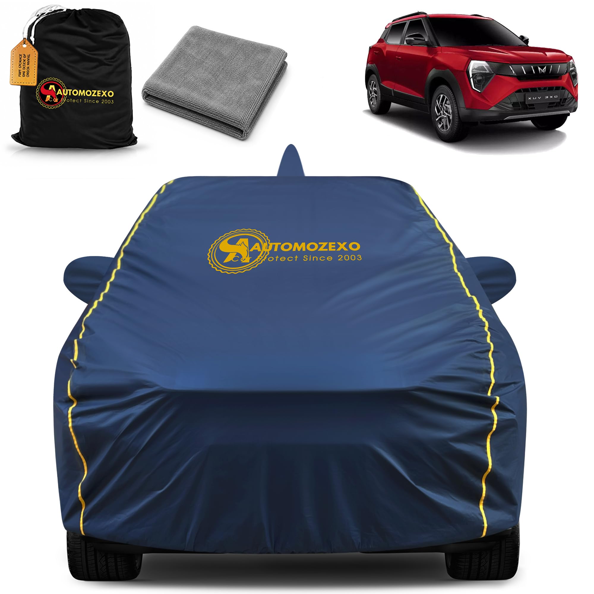 AUTOMOZEXO Mahindra XUV 3XO 100% Waterproof Car Cover for All Weather Protection with Mirror & Antena Pocket Inner Cotton Triple Stitched Cover with Adjustable Belt Bottom Elastic to Secure Fit -Blue-image-22