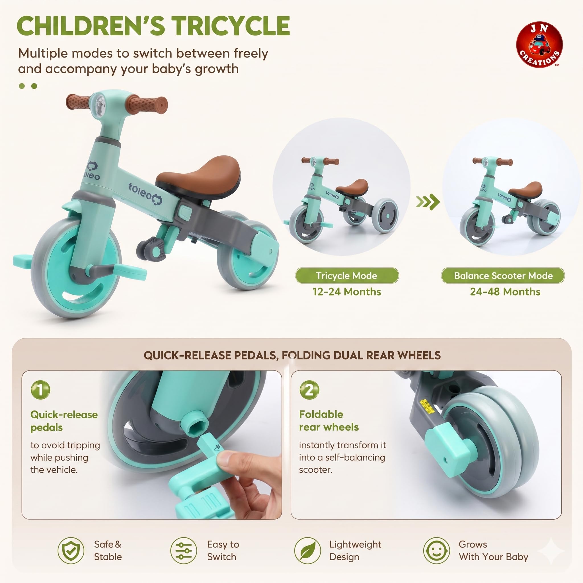 JN Creations 3-in-1 Toddler Tricycle | Slide, Pedal & Balance Bike for Kids | Leather Seat, Silent Wheels & Sturdy Frame | Ideal for 10 Months to 3 Years (Tiffany Blue) 1