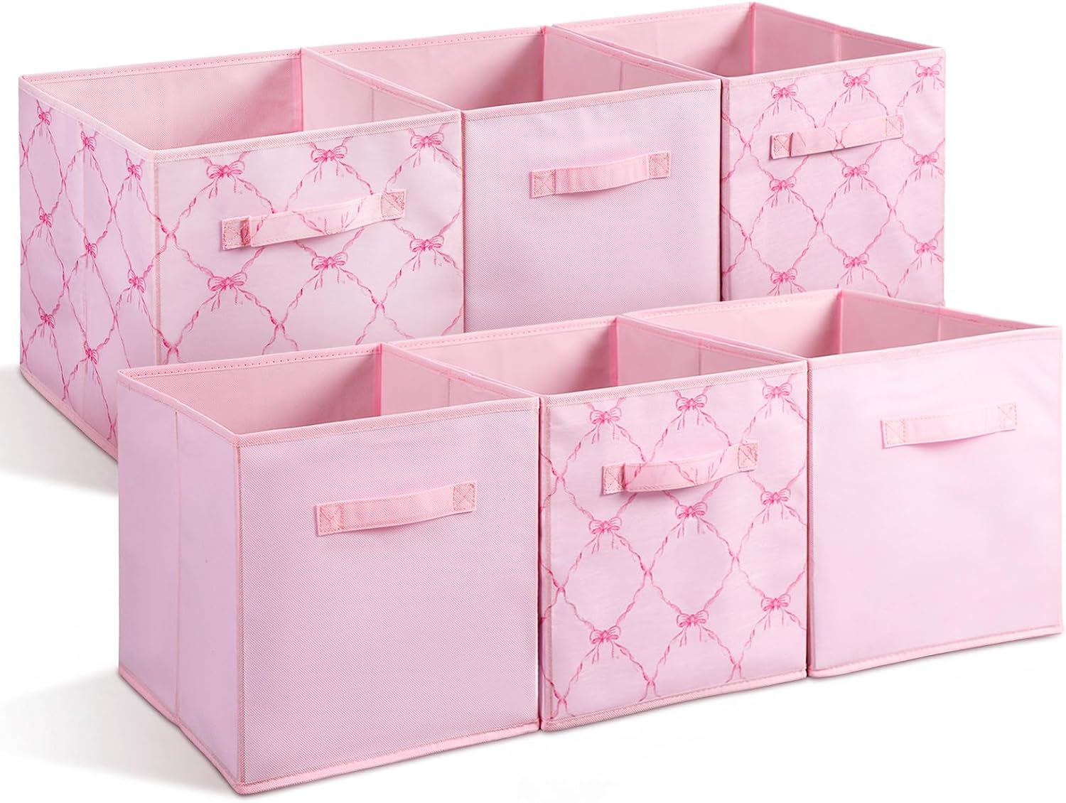 6 Pcs Pink and Pink Bow Cube Storage Bins 11 Inch Storage Basket with Handle Cute Preppy Girls Organizer Container Collapsible Fabric Box for Classroom Bedrooms Office Home Decoration Gift