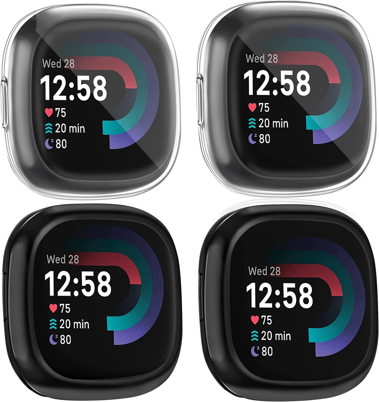 [4 Pack] Screen Protector Case Compatible for Fitbit Sense 2 / Fitbit Versa 4, Slim Fit Full Protective Cover Shockproof Bumper Glossy Soft TPU Sense 2 Smartwatch Case Cover (Black+Black+Clear+Clear)