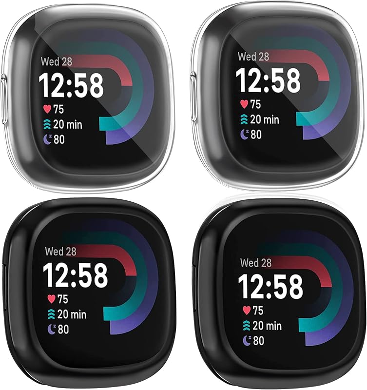 [4 Pack] Screen Protector Case Compatible for Fitbit Sense 2 / Fitbit Versa 4, Slim Fit Full Protective Cover Shockproof Bumper Glossy Soft TPU Sense 2 Smartwatch Case Cover (Black+Black+Clear+Clear)