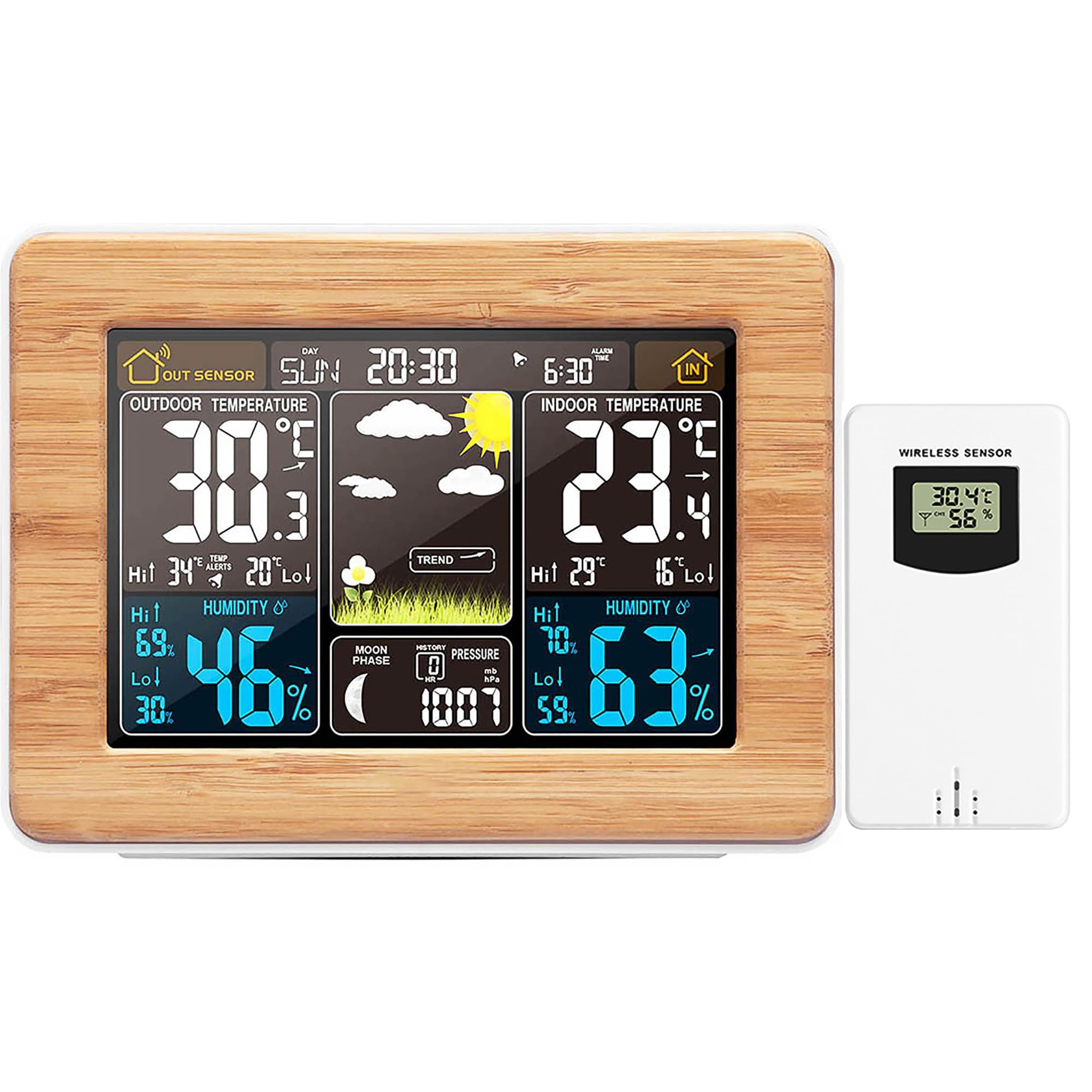 Station météo sans fil numérique colorée avec capteur extérieur, thermomètre intérieur et extérieur avec heure, date, température, humidité, baromètre, alarme, affichage des phases de la lune, horloge
