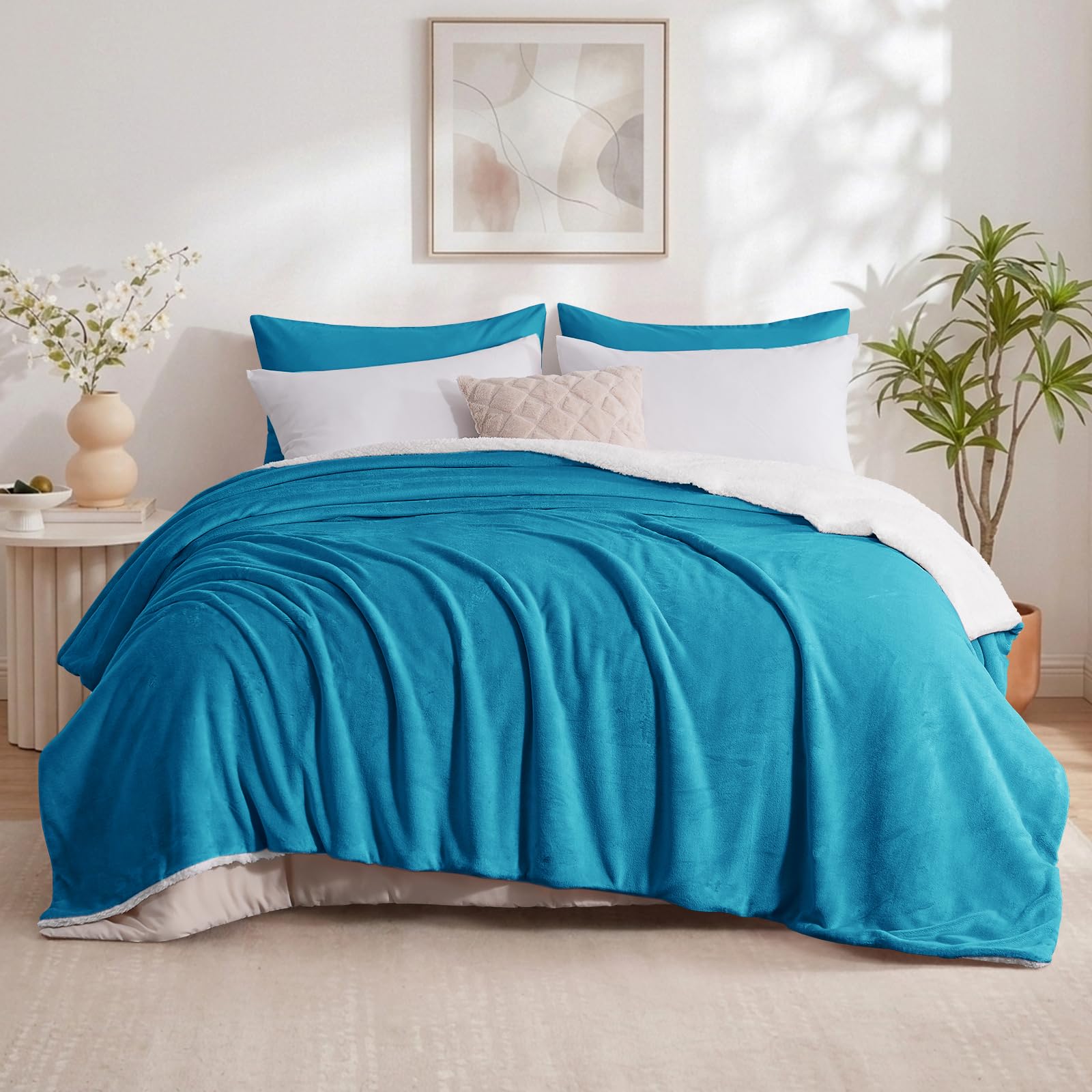 Aisbo Sherpa Fleece Throw Blanket Teal - Fluffy Thick King Size Blanket Extra Large Throw for Bed, Warm Soft Solid Microfiber Throws for Couch Sofa, 200x240cm — image 1