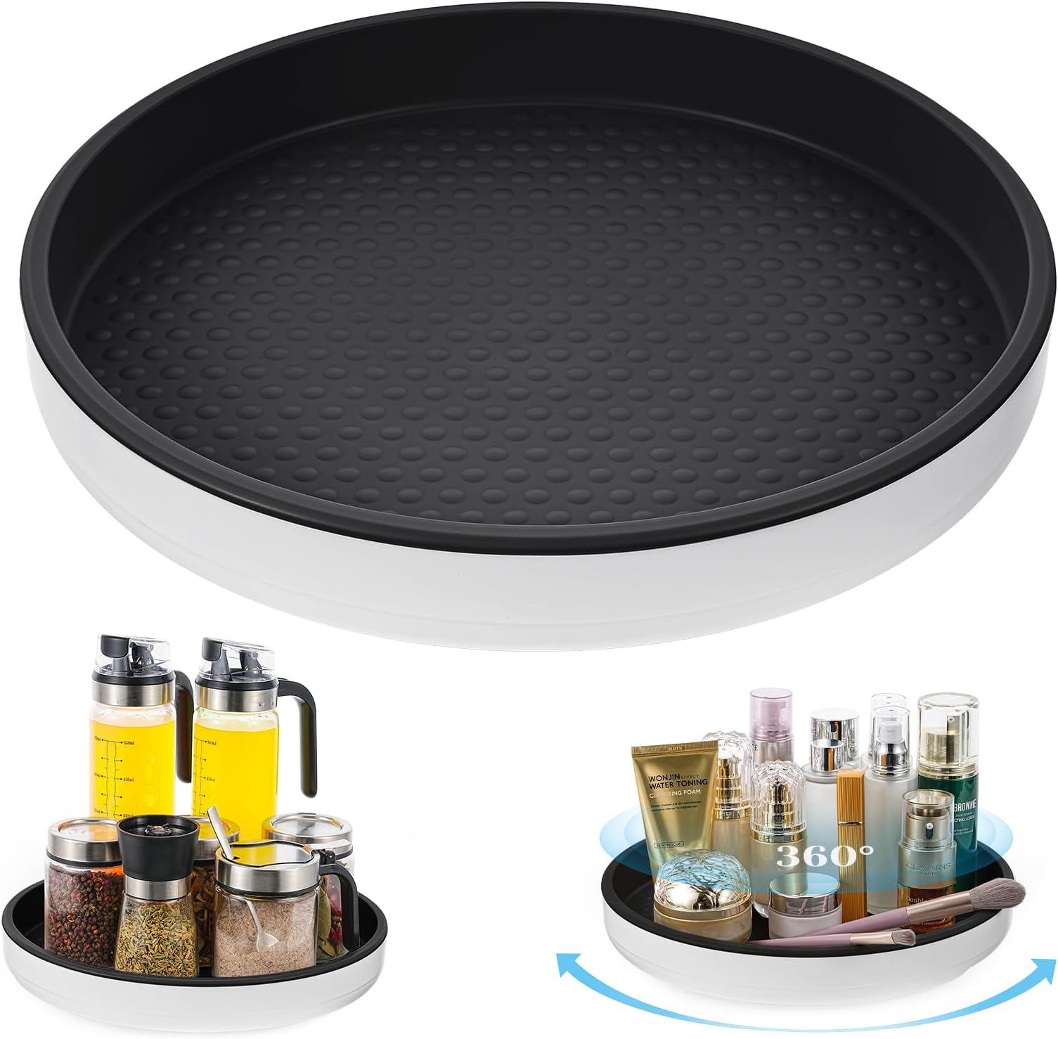 360° Rotating Storage Rack - 30cm Spinning Spice Rack for Kitchen Organisation, Round Turntable Storage Tray Cabinet Cosmetics Organiser for Vanity Bathroom Kitchen Table Countertop Organize (Black)