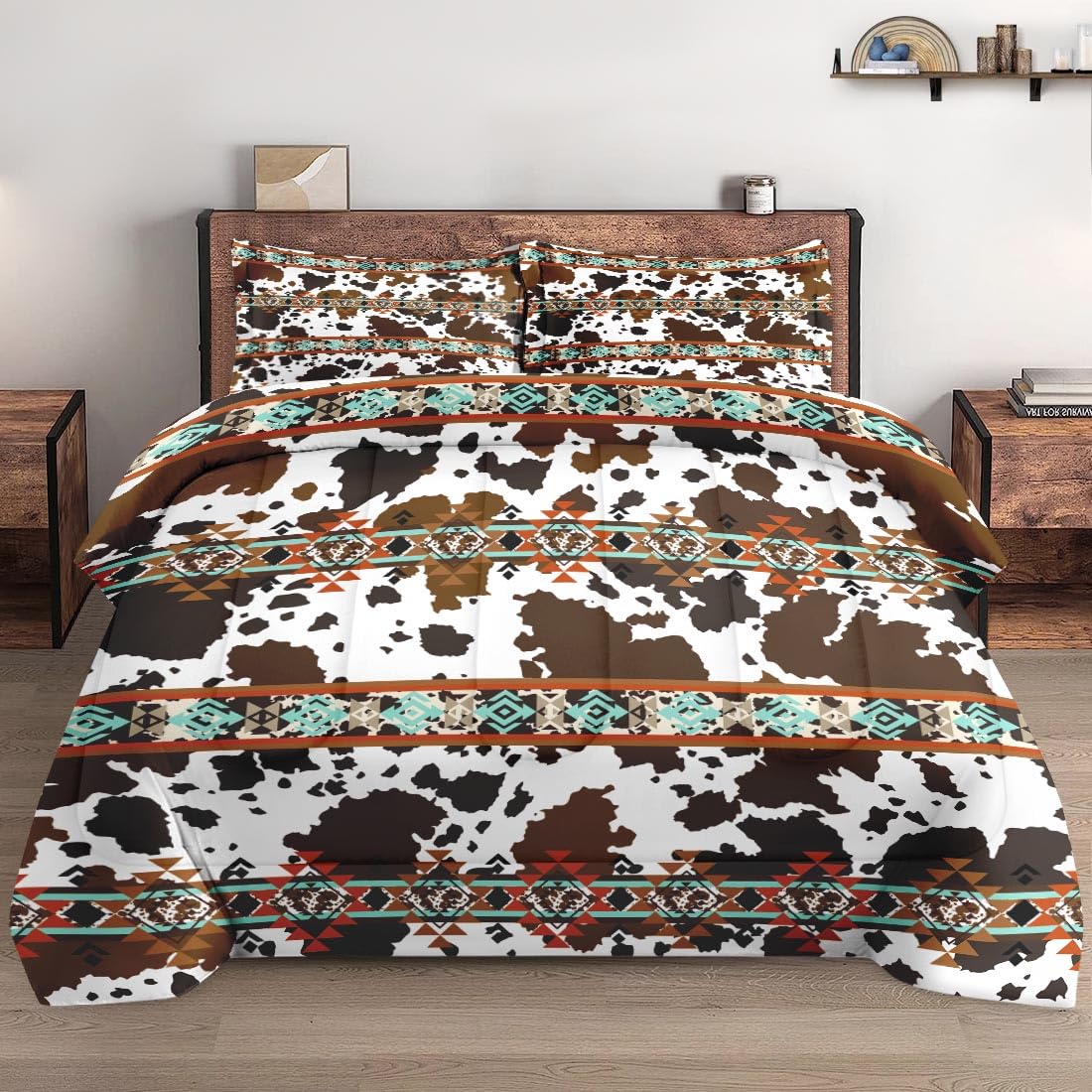 WeCozy Twin Size Comforter Set with Pillowcase, Vintage Retro Animal Cow Brown Cowhide 2 Pcs Bedding for Kids and Adults, Western Cowboy Soft Comforter Set for Bedroom Bed Decor