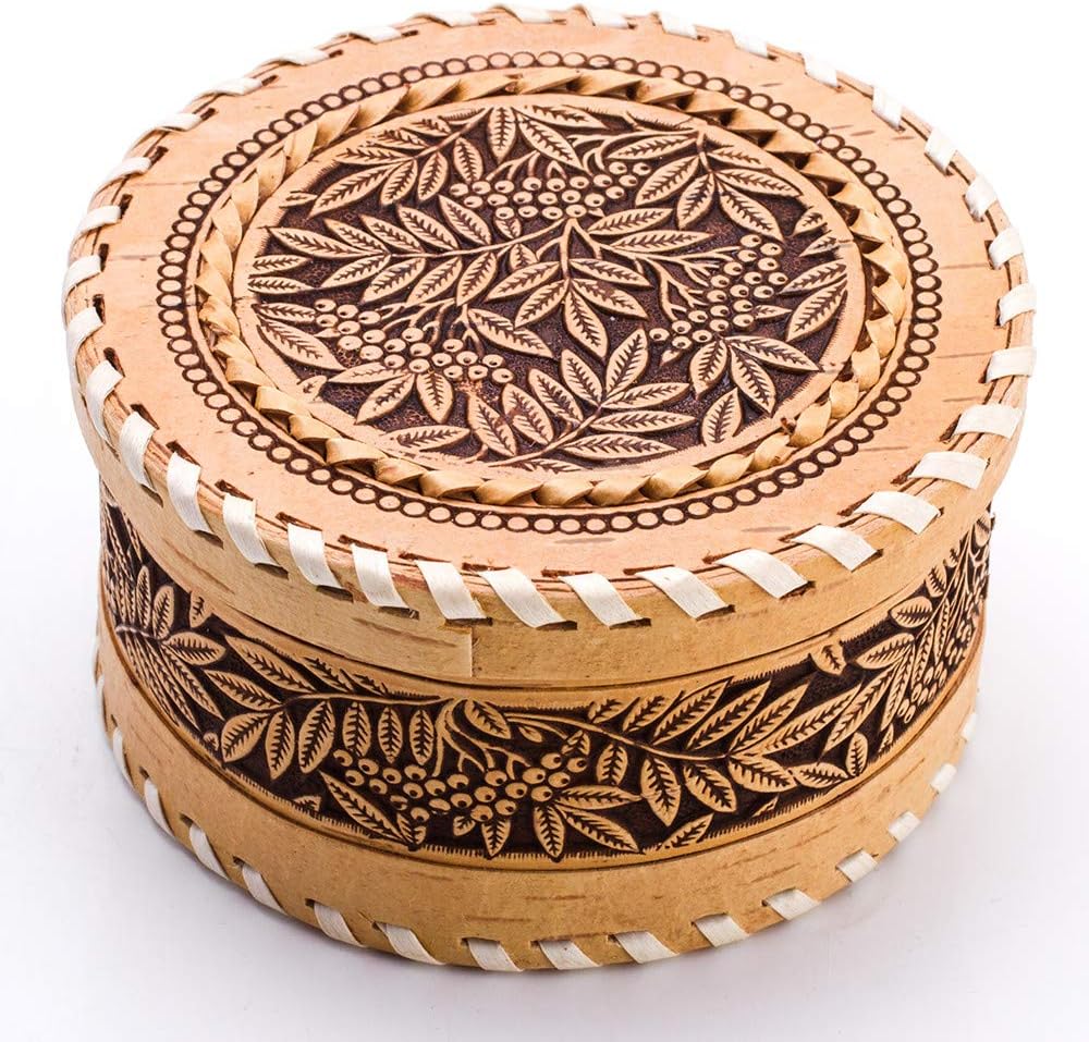 Wooden Jewelry Box Rowan Tree Ornament Birch Bark Box 3.9-inch Birch Container Wooden Box