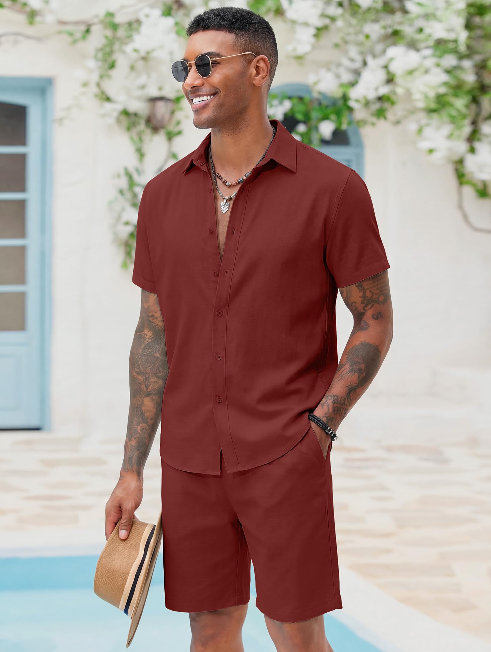 COOFANDY Set da uomo 2 pezzi in cotone e lino, a maniche corte, con bottoni, estivi, pantaloncini da spiaggia, abbigliamento casual