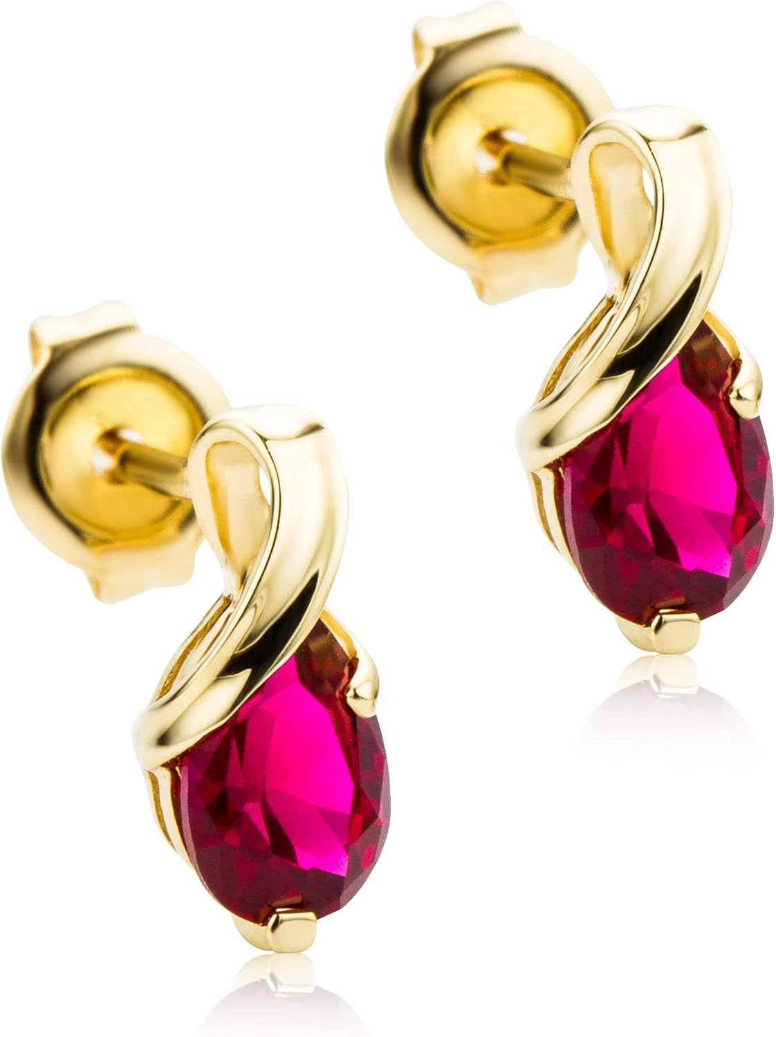 Orovi Pear-Shaped Yellow Gold Earrings for Women with Rubies in 9 Carat Gold, Hypoallergenic Earrings, Handmade
