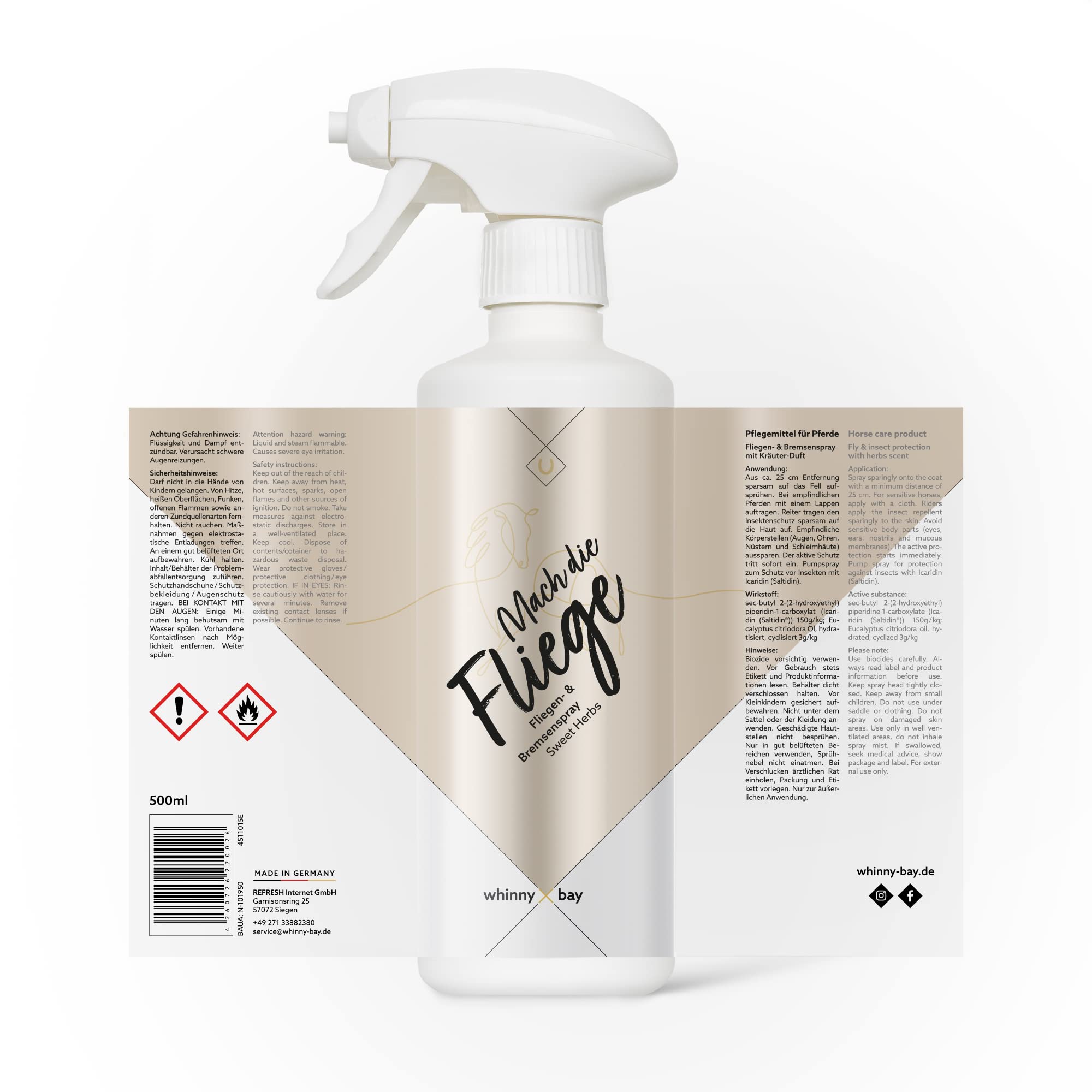 Fliegenspray Mach die Fliege – Insektenschutzspray mit Icaridin & Kräuterduft für Pferde und Reiter | sanft, wirksam & geräuscharm, 500ml