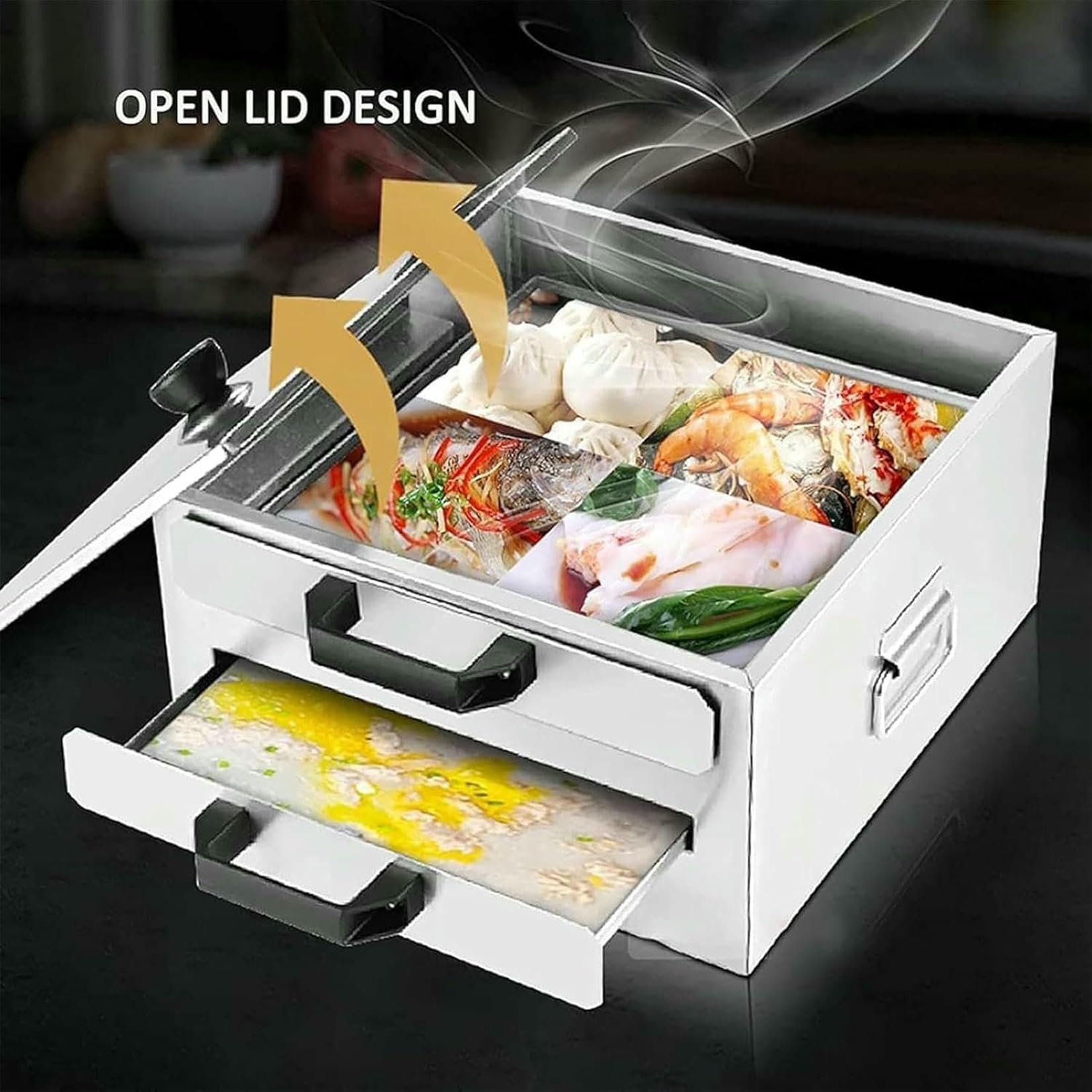 Edelstahl Reis Nudel Roll Dampfgarer, gedämpft Vermicelli Roll Maker Kantonesische Küche Kochgeschirr mit 1 perforiertem Tablett + 2 massiven Tabletts
