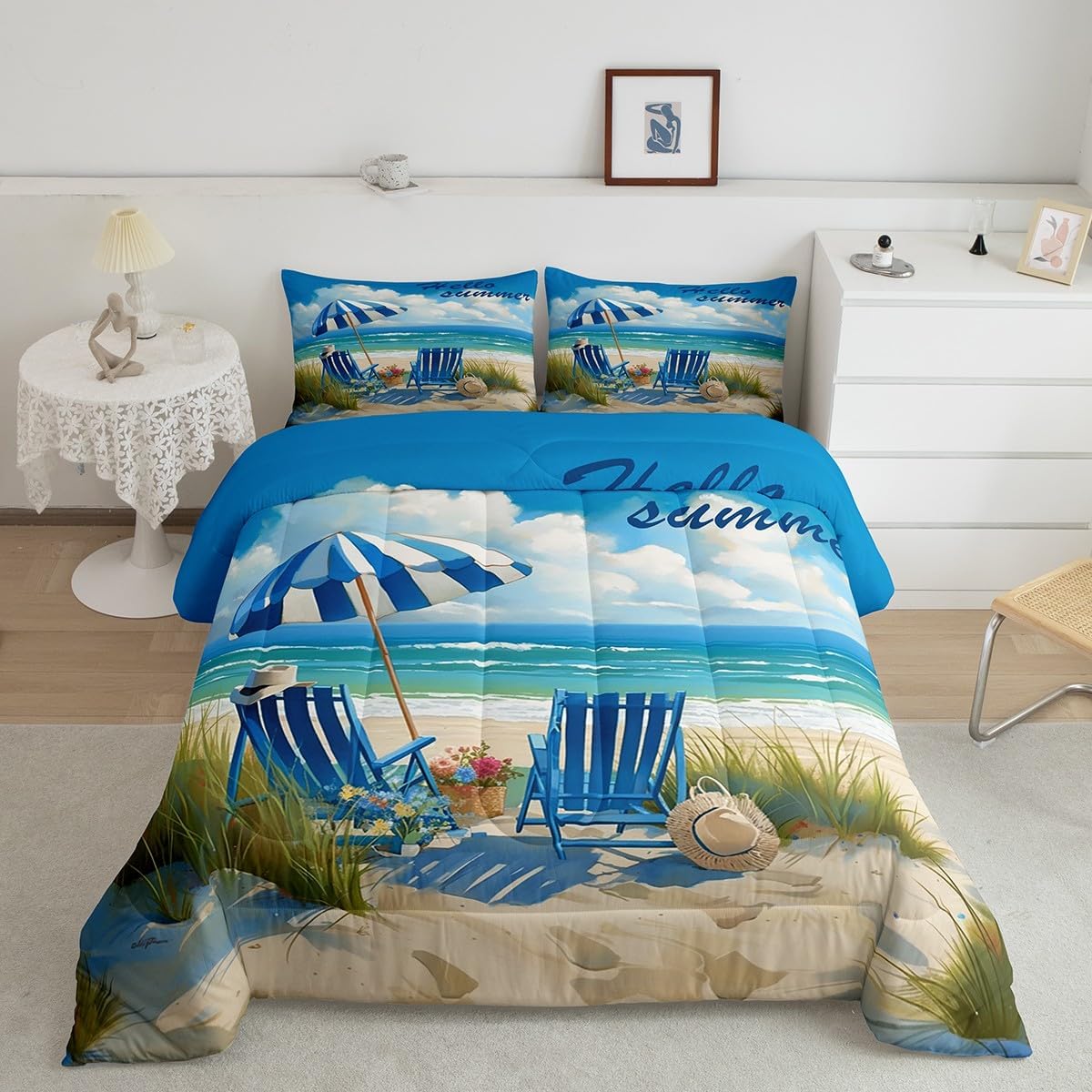 Castle Fairy Pink Blue Beach Bedding Set Queen Size,Starfish Shell Conch Comforter Set,Romantic Hawaii Ocean Theme Quilt Set for Kids Girls Boys Women Room Decor,Summer Sea Romantic Duvet Insert 3Pcs