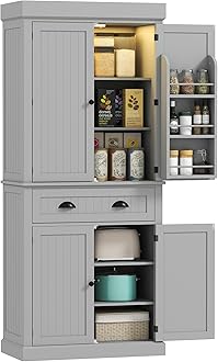 HOMCOM 71" Kitchen Pantry Cabinet with LED Motion Sensor Light, Tall Storage Cabinet with 6 Door Shelves, Drawer & Adjustable Shelves, for Living & Dining Room, Gray