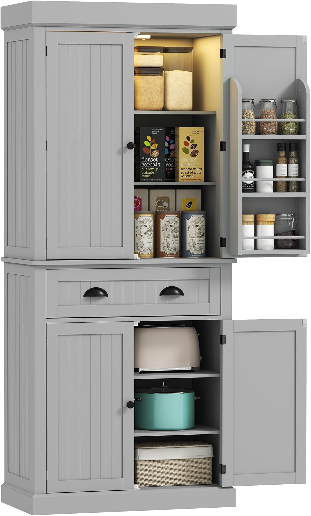 HOMCOM 71" Kitchen Pantry Cabinet with LED Motion Sensor Light, Tall Storage Cabinet with 6 Door Shelves, Drawer & Adjustable Shelves, for Living & Dining Room, Gray