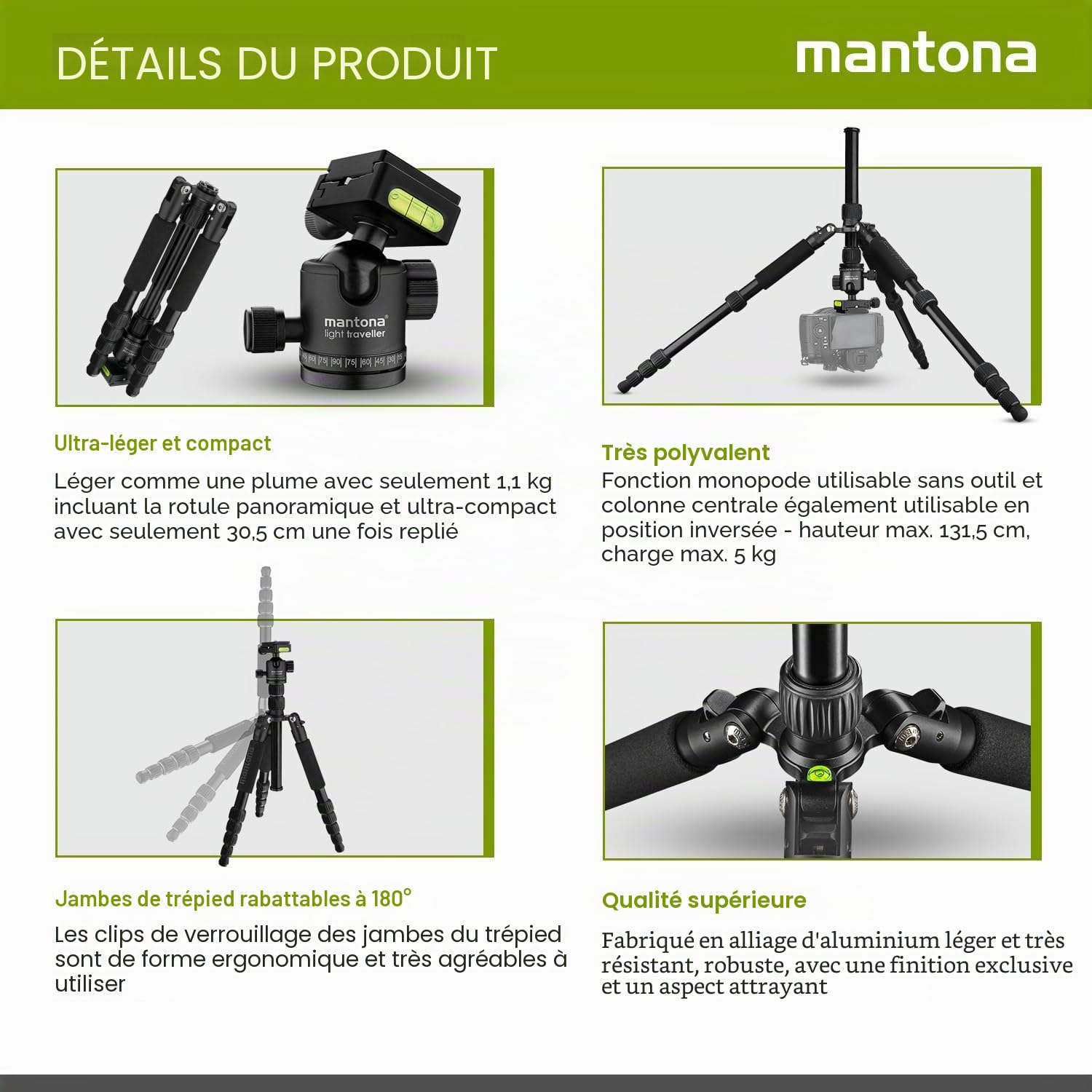 Mantona Light Traveller Trépied de Voyage 131,5 cm Noir en Aluminium pour Appareil Photo jusqu'à 5 kg de Charge maximale - Trépied Photo léger avec rotule et Plaque à dégagement Rapide Arca-Swiss