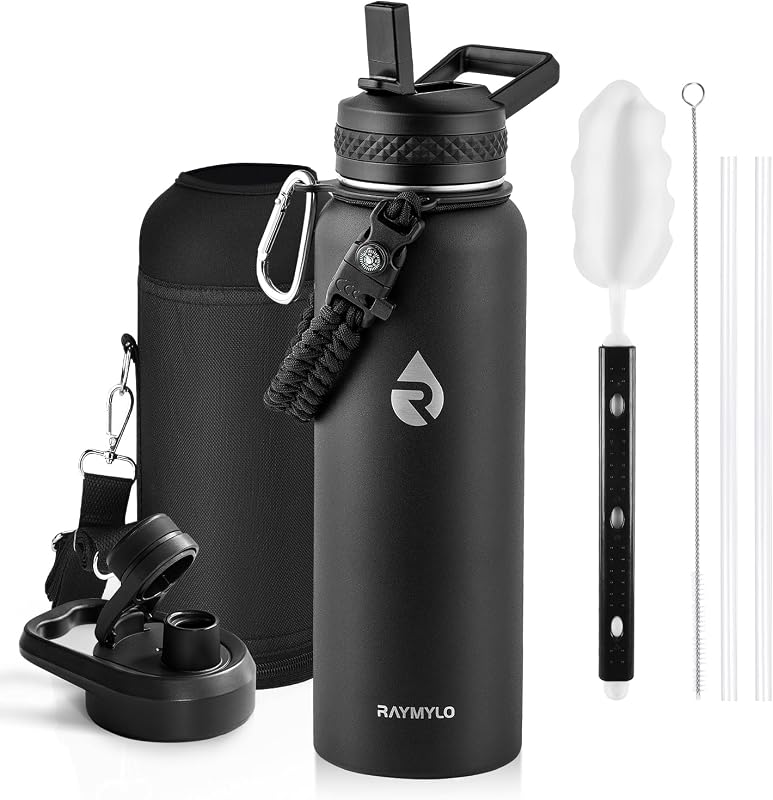 Insulated Water Bottle 40 oz, Triple Wall Vacuum Stainless Steel | (Cold for 36Hrs, Hot for 18Hrs), Leak Proof & Non-BPA, Modern Water Flask Jug with Paracord Handle & Straw Spout Lids