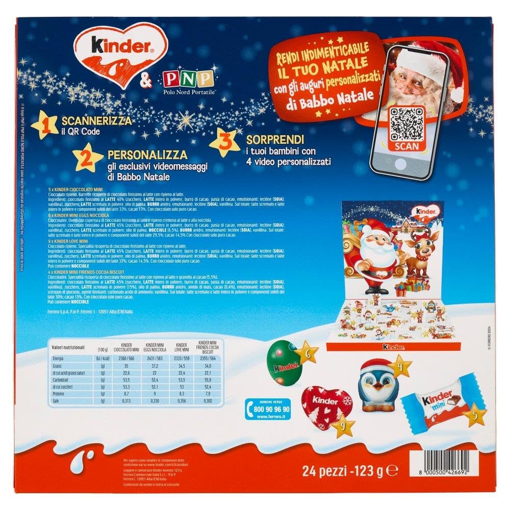 Kinder Calendario dell'Avvento NUOVO 2024 con Mini Eggs, Cuoricini, Figura Cave e Mini Cioccolato 123g con Portachiavi CAIYA®
