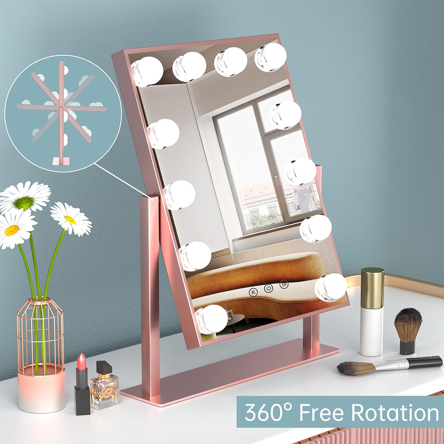 FUNTOUCH Hollywood Vanity Mirror with Lights, Large Lighted Makeup Mirror 3 Colors 12 Dimmable Led Bulbs, Smart Touch Control 360° Rotation Light up Cosmetic Mirroor Tabletop Vanity Mirrors Rose Gold