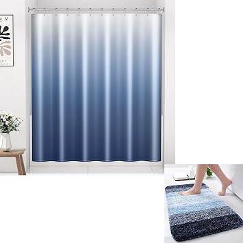 Arotive Microfiber Bathroom Rugs and Fabric Ombre Shower Curtain with 12 Hooks, Bath Mat Size 24x16 in Blue and Shower Curtain 72x72 in Blue Gradient, 2 Item Bundle
