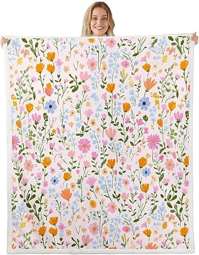 Miniatura 99 de Manfei Pink Flower Throw Blanket Watercolor Floral Leaves Print Fleece Blanket Plants Wildflower Cozy Throws for Bed Couch Sofa,Kids Boys Girls Room