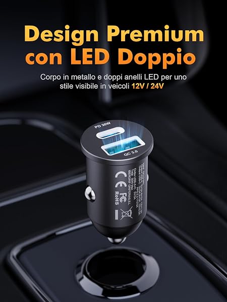 GRIFEMA Caricatore Auto USB C 30W, Adattatore Accendisigari a Doppia Porta con PD 30W e QC 3.0 18W, Ricarica Rapida per iPhone 17 16 15 14 Pro, Samsung Galaxy S25 S24 Ultra, Accessori Auto, Alluminio - 2