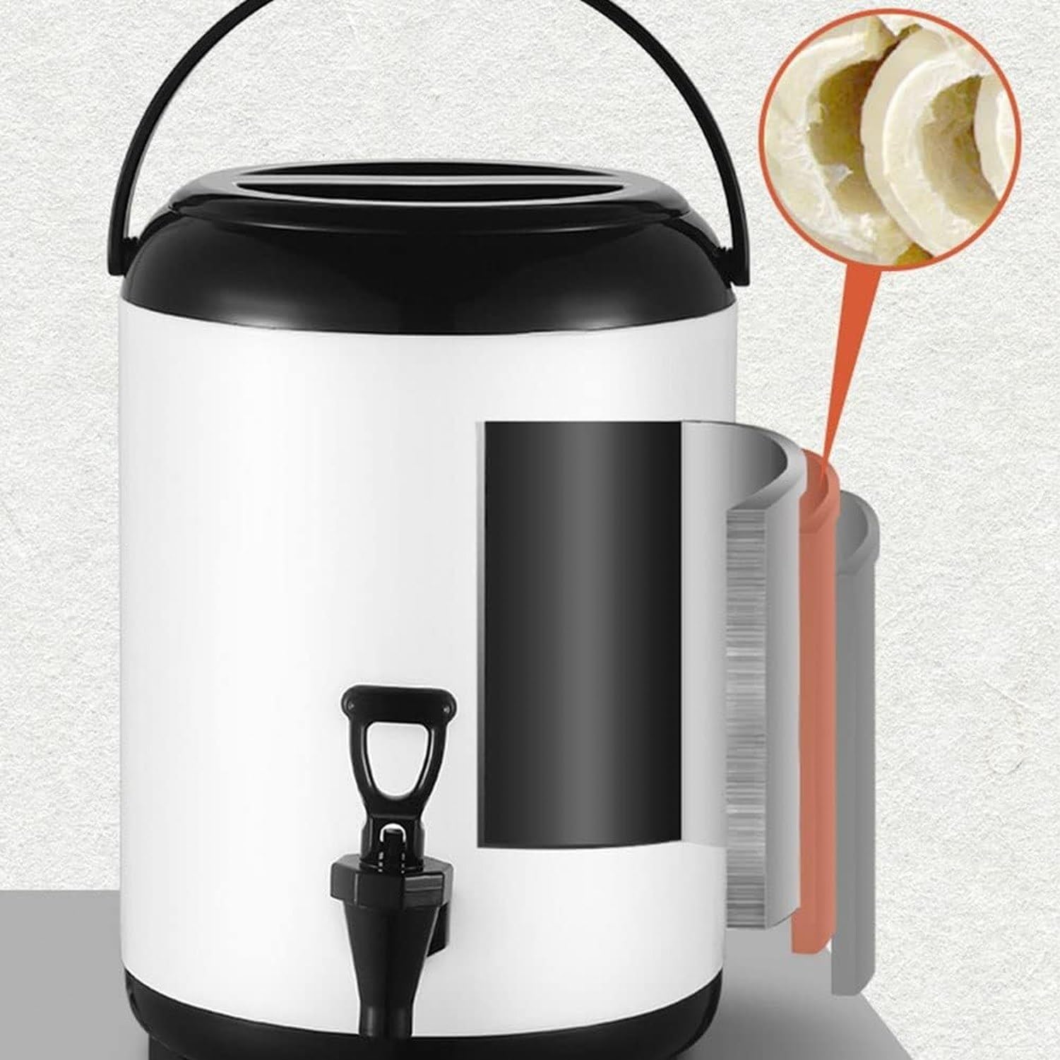 Stalowy dzbanek z kranem do gorącej wody i napojów, 8L/10L/12L, termostat i biała obudowa, idealny do biura, na przyjęcia i bufety