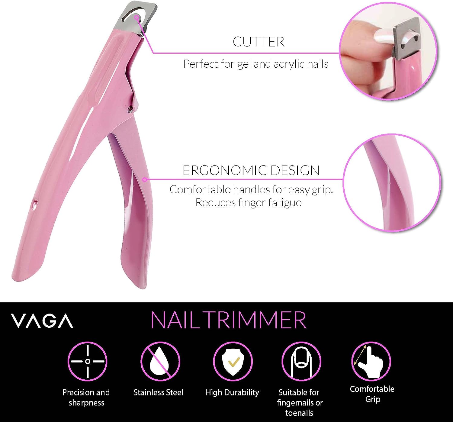 VAGA Cuticle Pushers Split End Trimmer And Ingrown Toenail Tool, Cuticle Trimmer Nail Nipper, Flase Nail Clipper Pedicure Kit. Easy To Use VAGA Professional Nail Tools, Nail Clippers, Cutical Pusher
