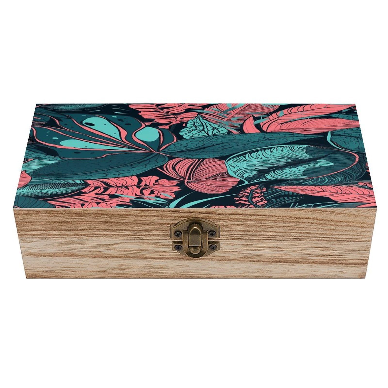Btcowzrv Style Hand Drawn Tropical Leaves Wooden Storage Box, Keepsake Box With Hinged And Retro Lock, Wood Jewelry Organizer For Photos & Mementos And Home Decor