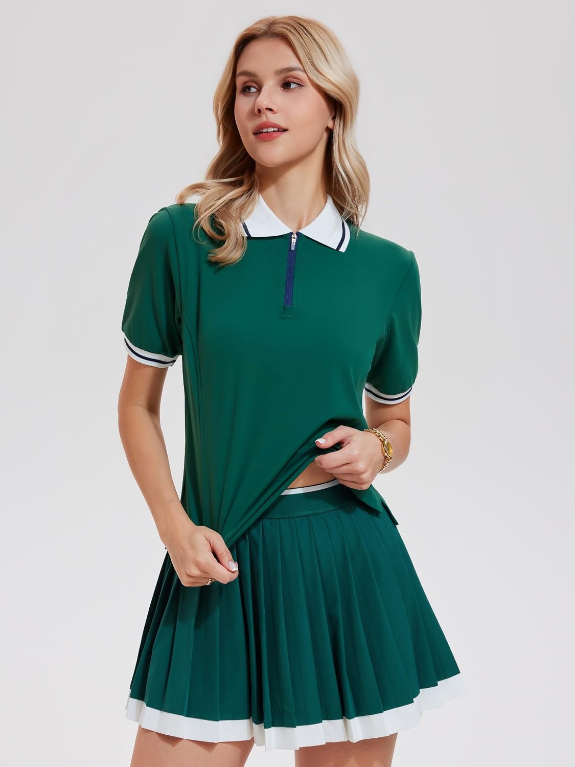 AFZ Women Tennis Skirt Set Color-Block Collared Tennis Shirt Athletic Dress Golf Skorts for Pickleball Pockets