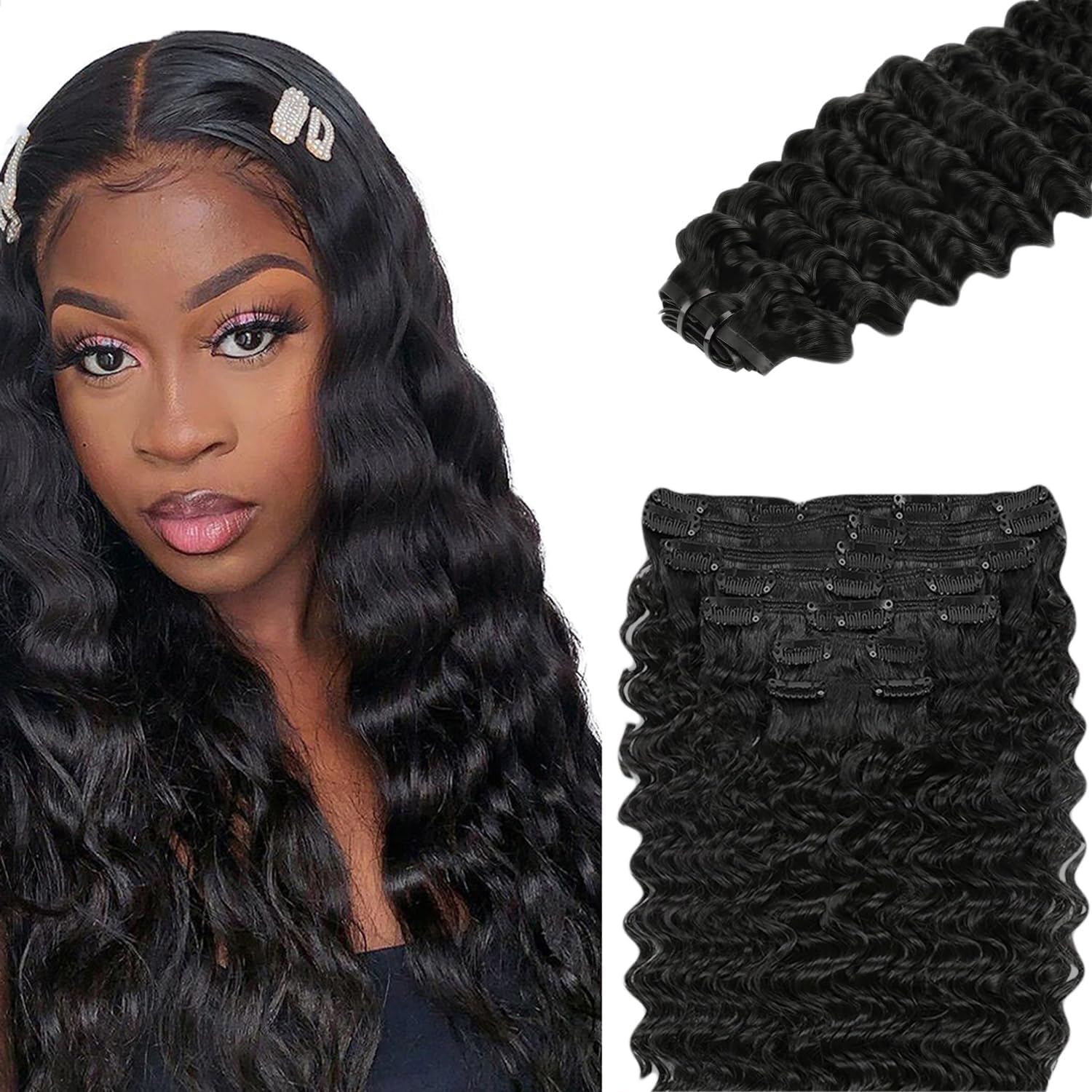 Photo 1 of #1B Natural Black Clip in Extensions Human Hair 30 Inch Natural Color Straight Clip in Seamless Extensions Human Hair Skin Weft Seamless Invisible Unprocessed Brazilian Virgin Remy Hair 120g