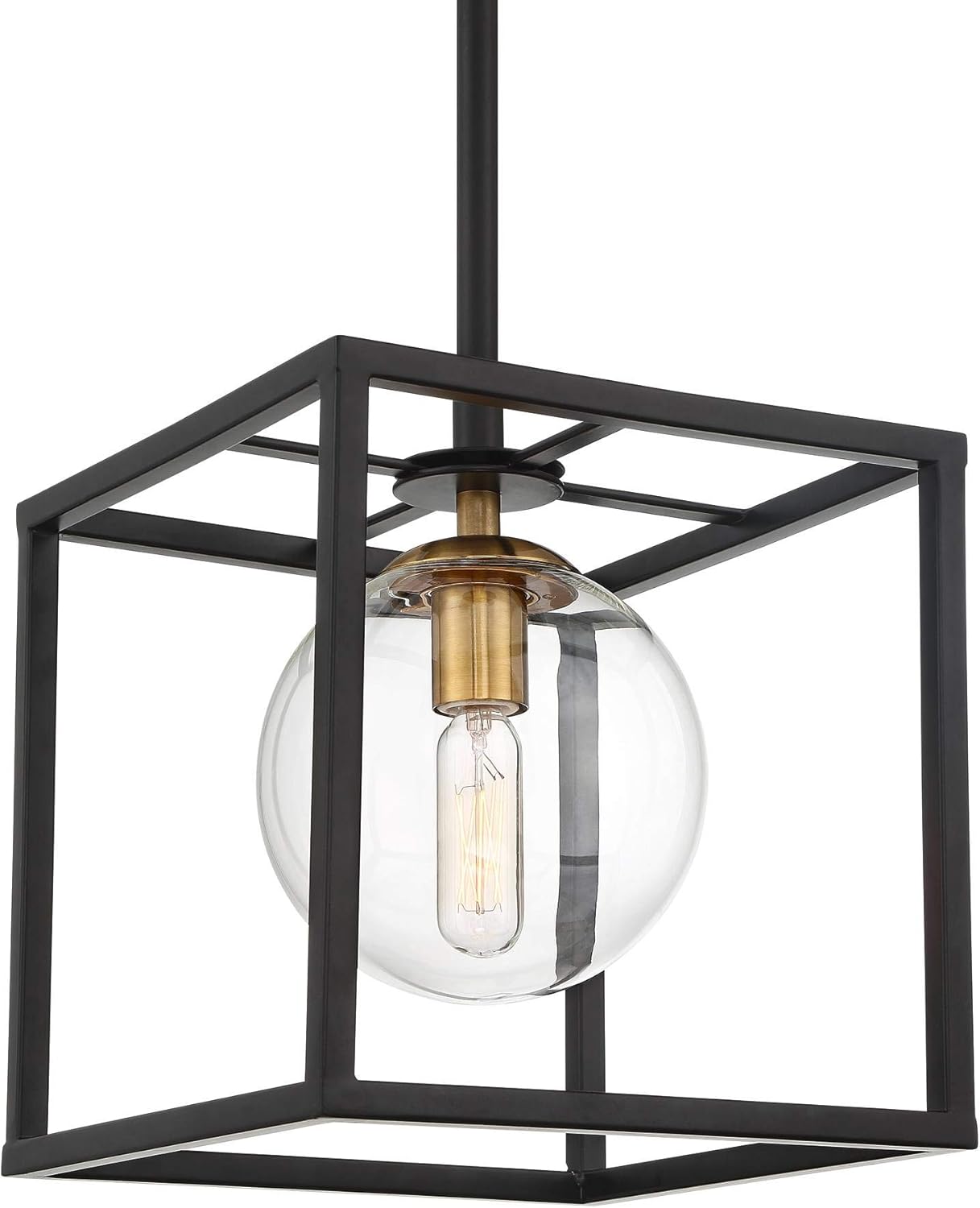 Possini Euro Design Delaney Black Burnished Brass Mini Pendant Light 8" Wide Modern Square Cage Round Clear Glass Shade Fixture Dining Room House Entryway Bedroom Kitchen Island Hallway Ceilings